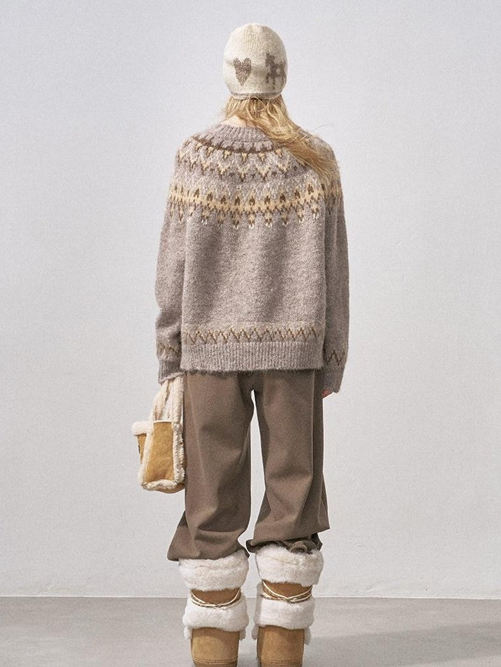 DIDDI MODA Fair Isle Pullover Crewneck Cardigan Loose Women&