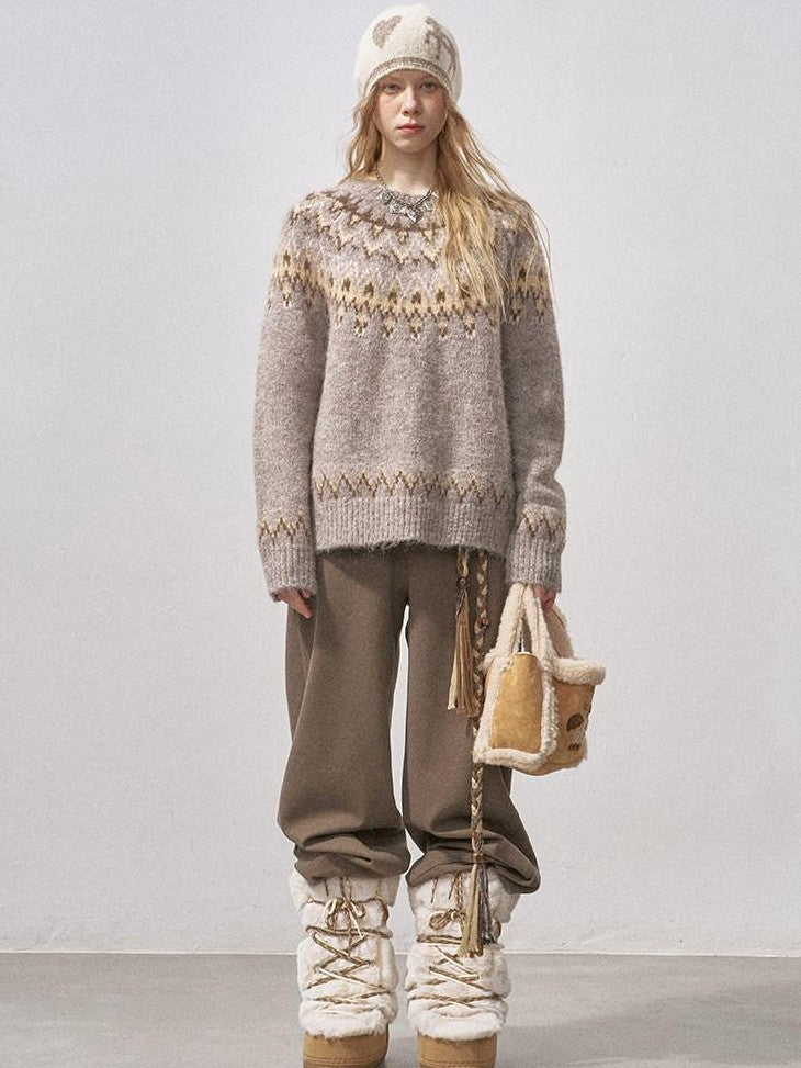 DIDDI MODA Fair Isle Pullover Crewneck Cardigan Loose Women&
