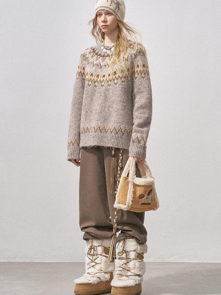 DIDDI MODA Fair Isle Pullover Crewneck Cardigan Loose Women&