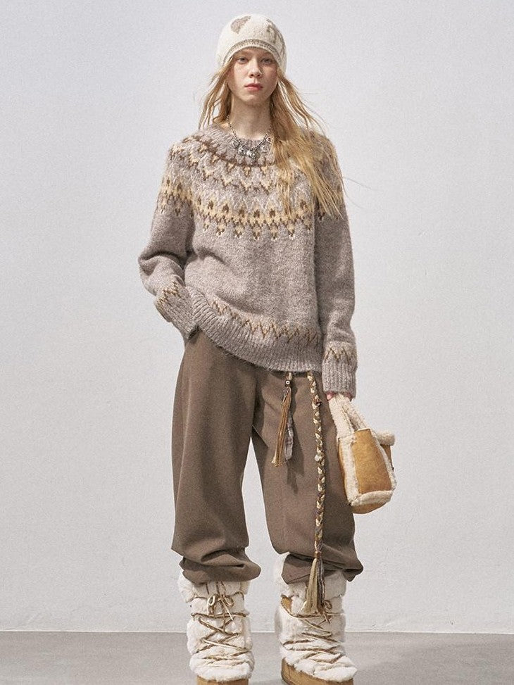 DIDDI MODA Fair Isle Pullover Crewneck Cardigan Loose Women&