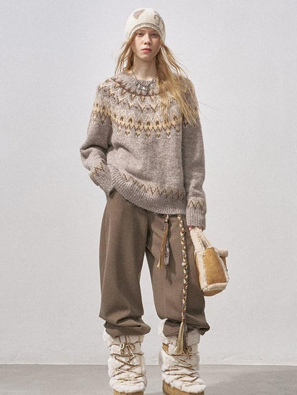 DIDDI MODA Fair Isle Pullover Crewneck Cardigan Loose Women&