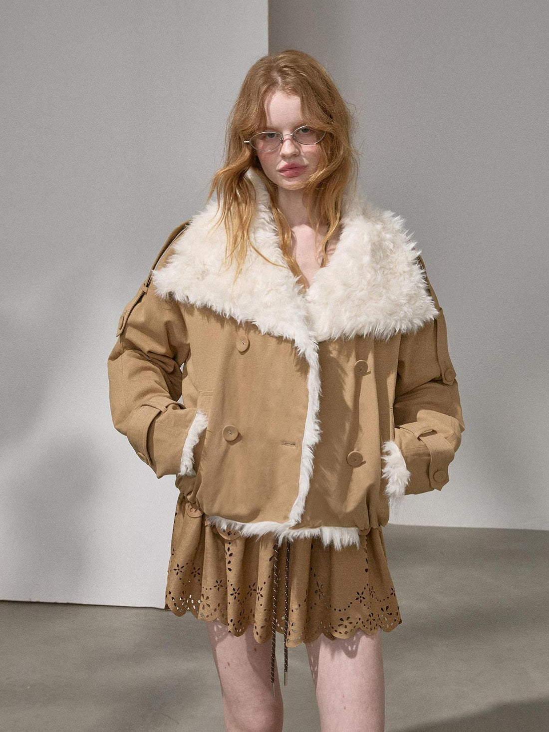 DIDDI MODA Faux Fur Collar Double Breasted Women&