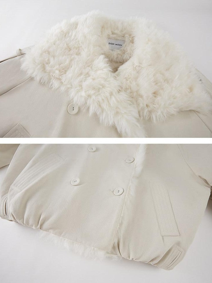 DIDDI MODA Faux Fur Collar Double Breasted Women&