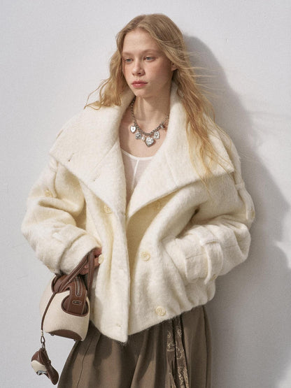 DIDDI MODA Faux Fur Short Double Breasted Large Lapel Women&