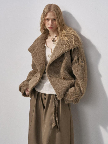 DIDDI MODA Faux Fur Short Double Breasted Large Lapel Women&