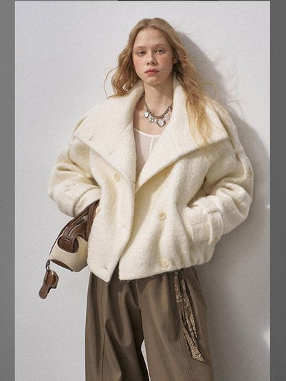 DIDDI MODA Faux Fur Short Double Breasted Large Lapel Women&