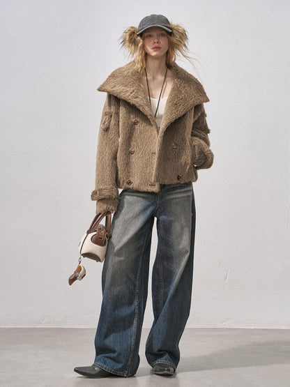 DIDDI MODA Faux Fur Short Double Breasted Large Lapel Women&