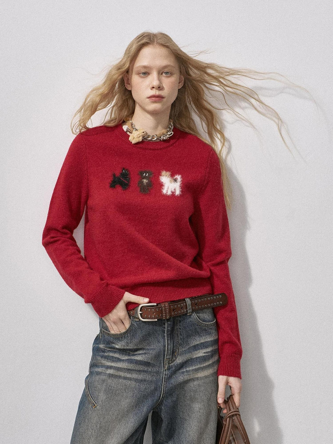 DIDDI MODA Faux Mink Puppy Jacquard Round Neck Pullover Loose Women&