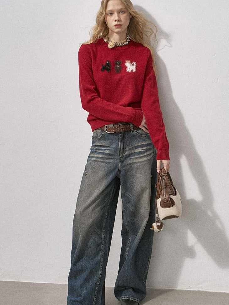 DIDDI MODA Faux Mink Puppy Jacquard Round Neck Pullover Loose Women&