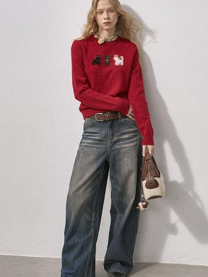 DIDDI MODA Faux Mink Puppy Jacquard Round Neck Pullover Loose Women&