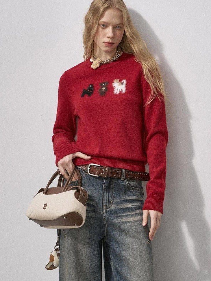 DIDDI MODA Faux Mink Puppy Jacquard Round Neck Pullover Loose Women&
