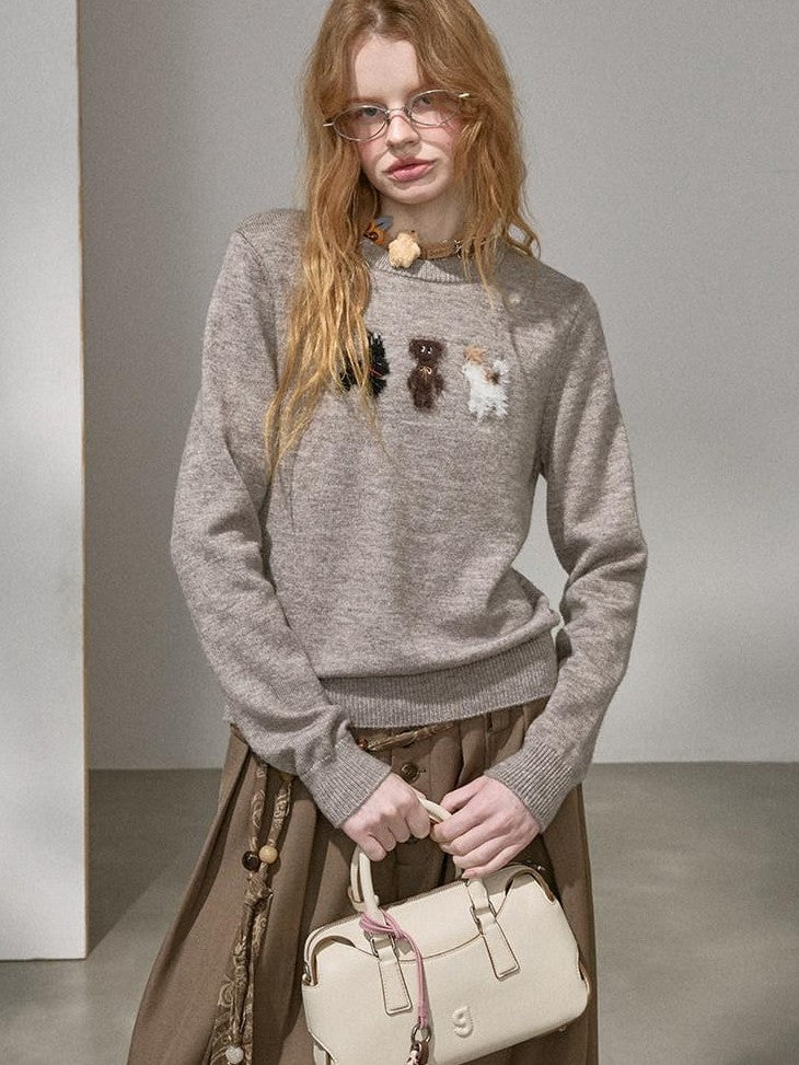 DIDDI MODA Faux Mink Puppy Jacquard Round Neck Pullover Loose Women&