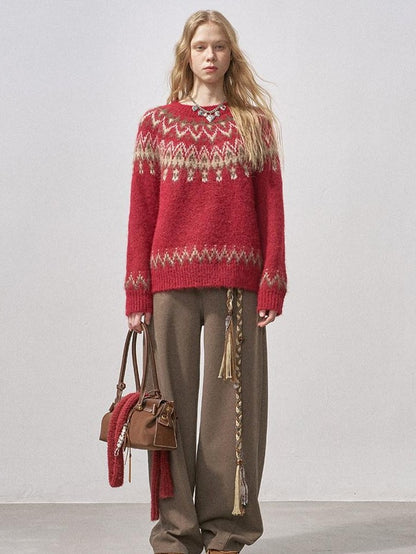 DIDDI MODA Festive Fair Isle Crewneck Pullover Loose Women&
