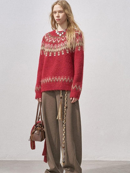 DIDDI MODA Festive Fair Isle Crewneck Pullover Loose Women&