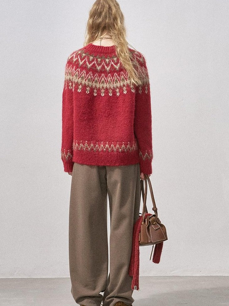 DIDDI MODA Festive Fair Isle Crewneck Pullover Loose Women&
