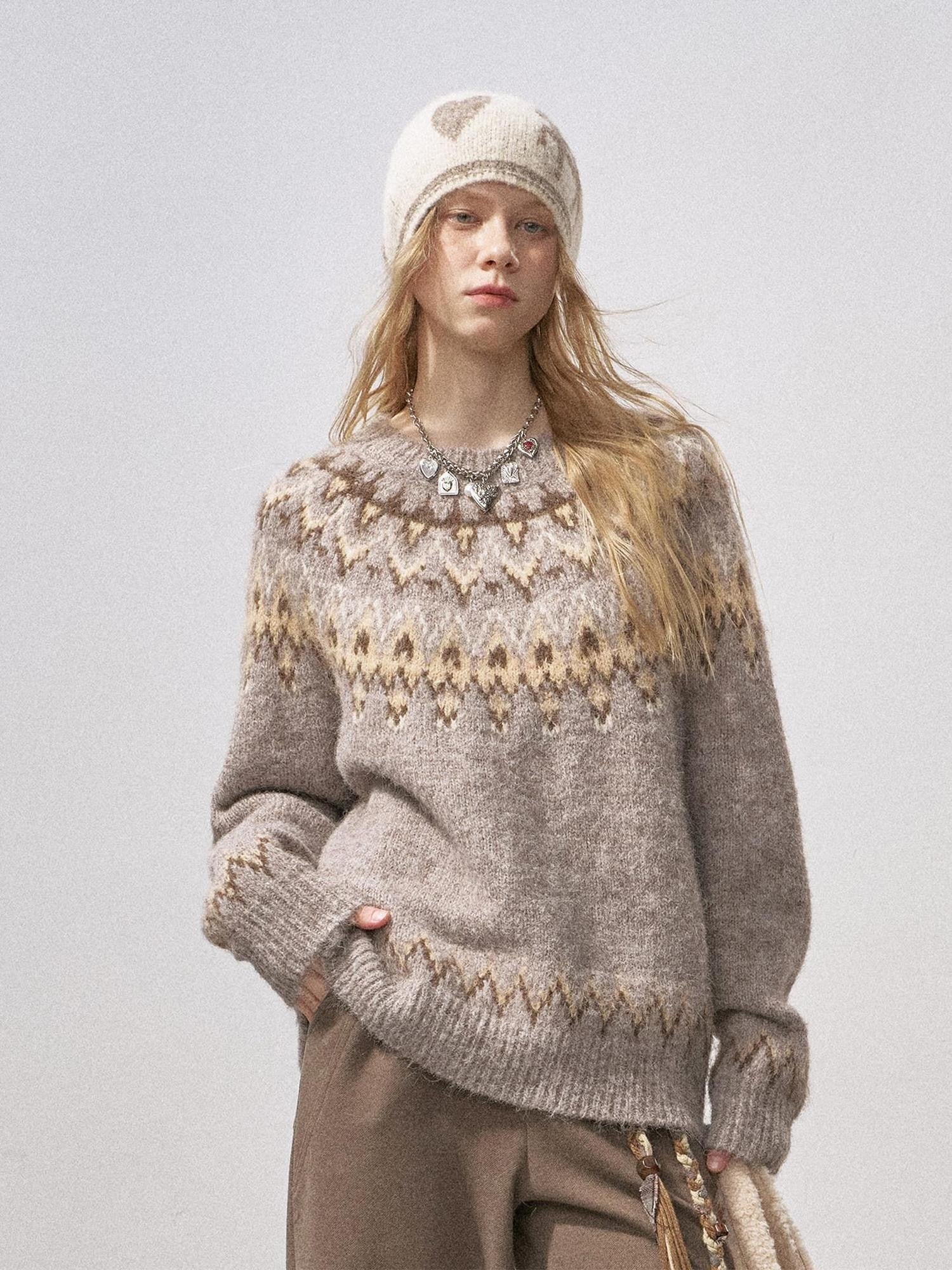 DIDDI MODA Festive Fair Isle Crewneck Pullover Loose Women&
