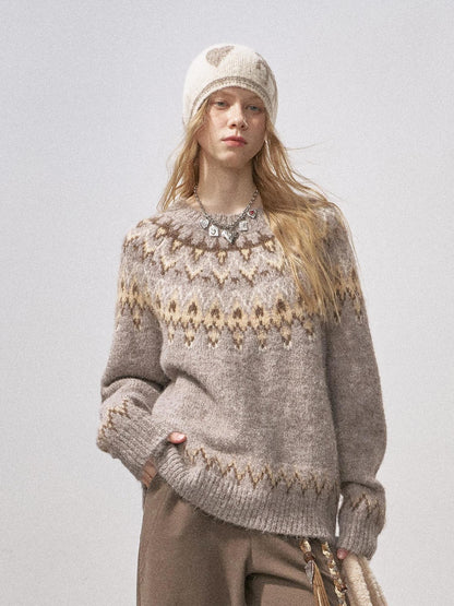 DIDDI MODA Festive Fair Isle Crewneck Pullover Loose Women&