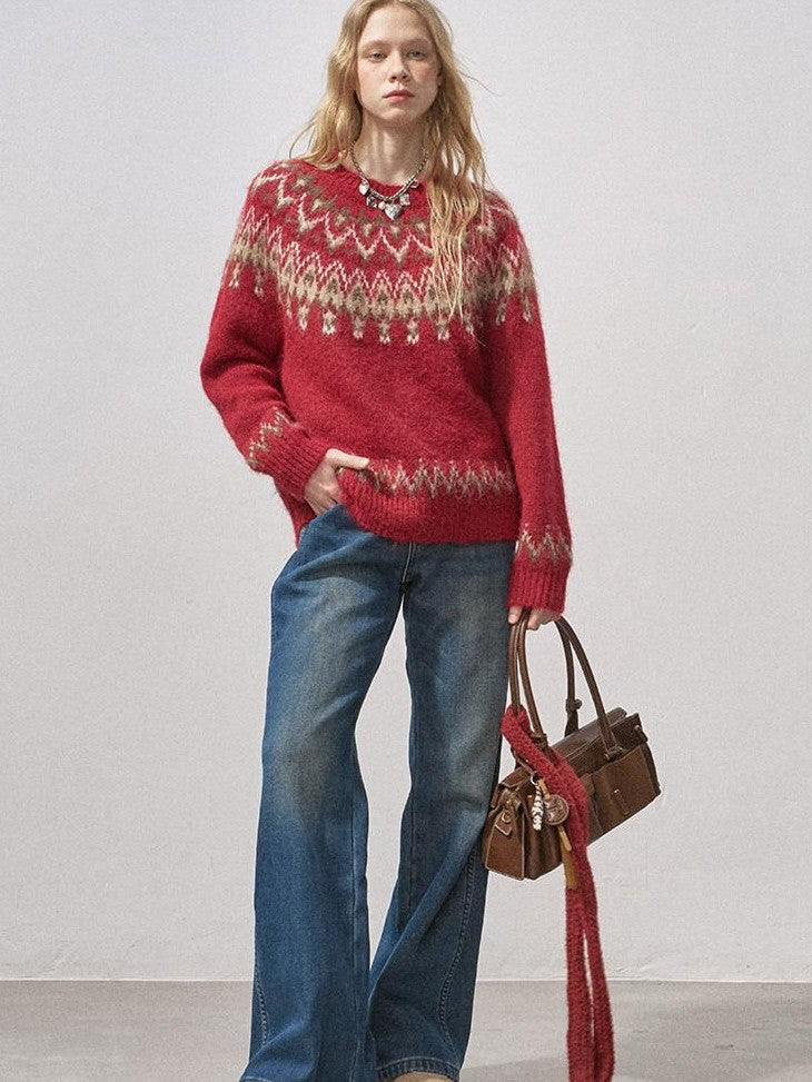 DIDDI MODA Festive Fair Isle Crewneck Pullover Loose Women&