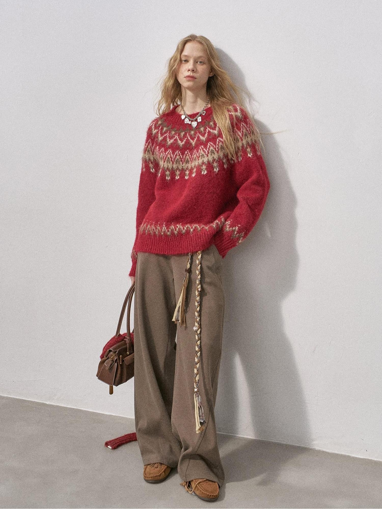 DIDDI MODA Festive Fair Isle Crewneck Pullover Loose Women&