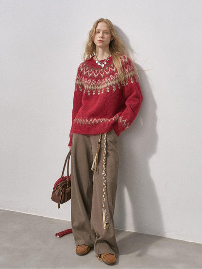 DIDDI MODA Festive Fair Isle Crewneck Pullover Loose Women&