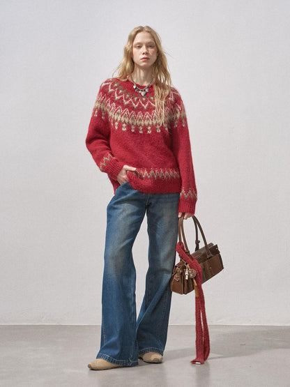 DIDDI MODA Festive Fair Isle Crewneck Pullover Loose Women&