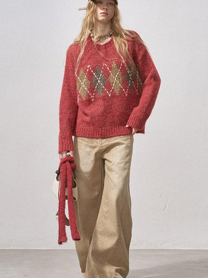 DIDDI MODA Floral Diamond Crewneck Slouchy Women&