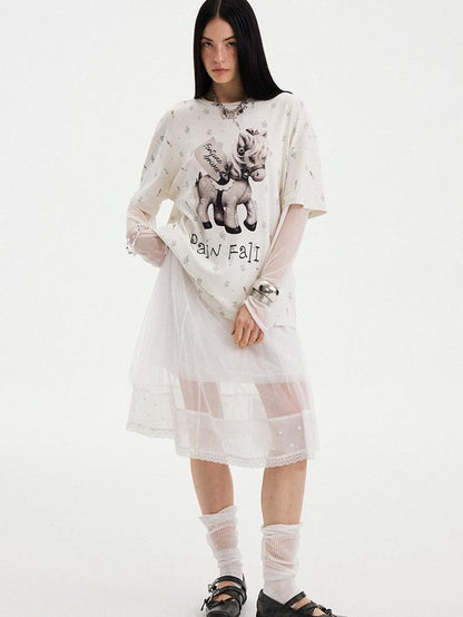 DIDDI MODA Floral Round Neck Faux Two Piece Women&