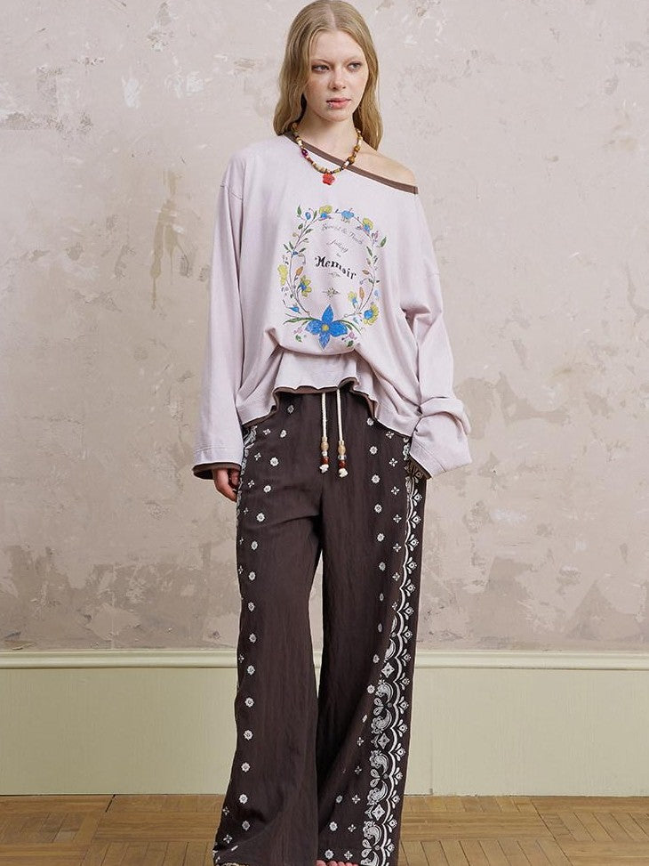 DIDDI MODA Floral Wreath Rose Denim Figure Print Women&