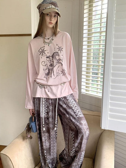 DIDDI MODA Floral Wreath Rose Denim Figure Print Women&