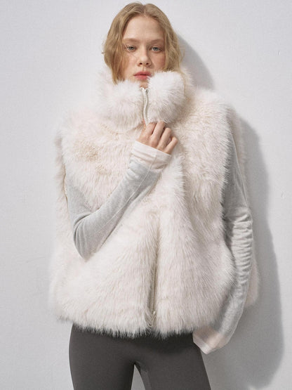 DIDDI MODA Fluffy Eco Faux Fur Two Way U Neck Single Breasted Women&