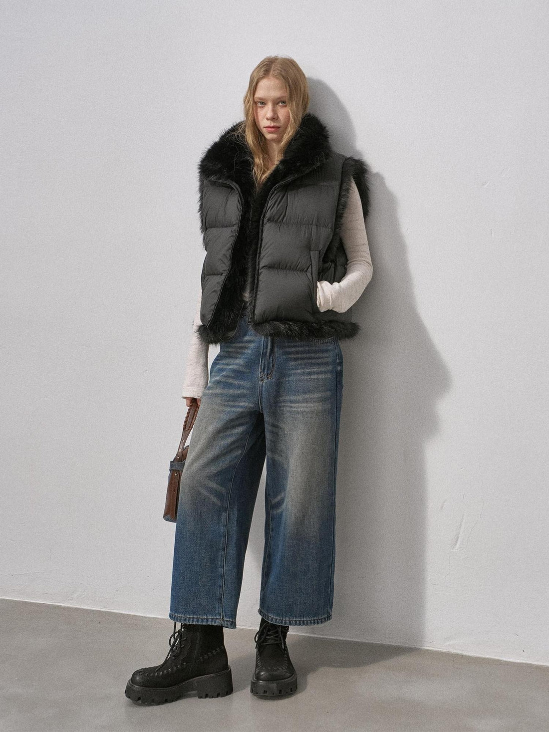 DIDDI MODA Fluffy Eco Faux Fur Two Way U Neck Single Breasted Women&