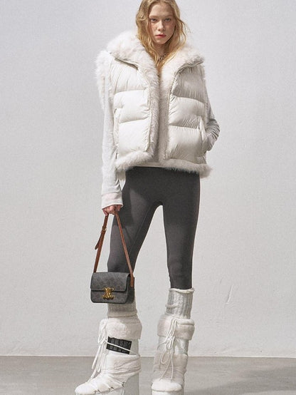 DIDDI MODA Fluffy Eco Faux Fur Two Way U Neck Single Breasted Women&