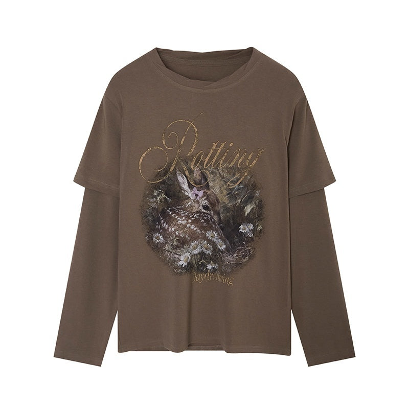DIDDI_MODA_Forest_Deer_Print_Layered_Shoulder_Drop_Loose_Women&