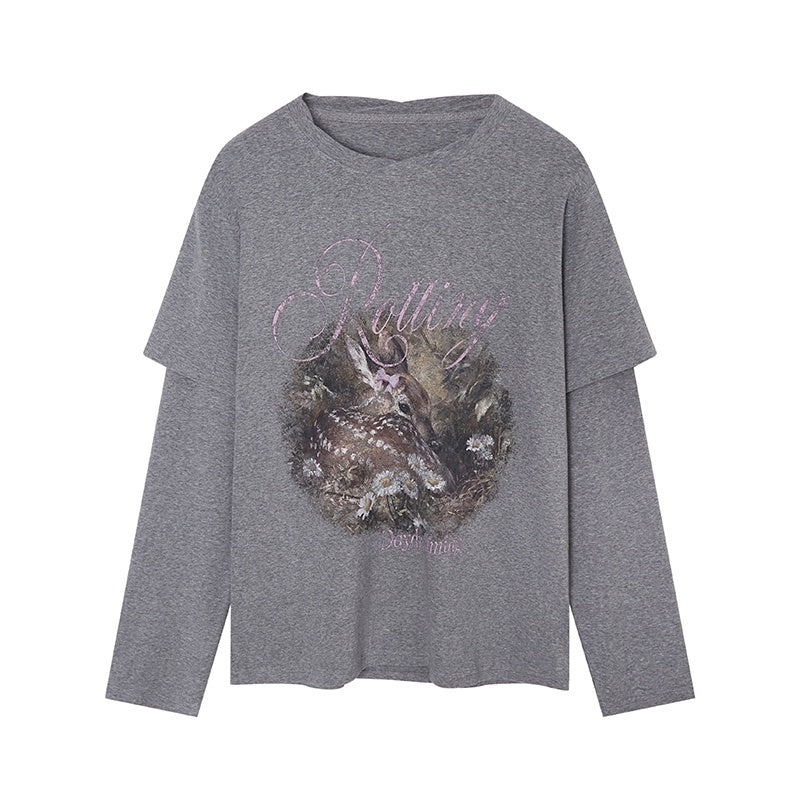 DIDDI_MODA_Forest_Deer_Print_Layered_Shoulder_Drop_Loose_Women&