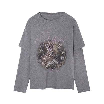 DIDDI_MODA_Forest_Deer_Print_Layered_Shoulder_Drop_Loose_Women&