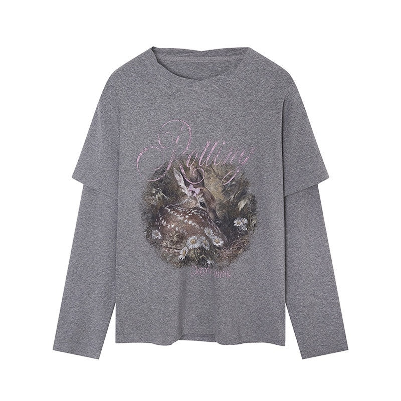 DIDDI_MODA_Forest_Deer_Print_Layered_Shoulder_Drop_Loose_Women&