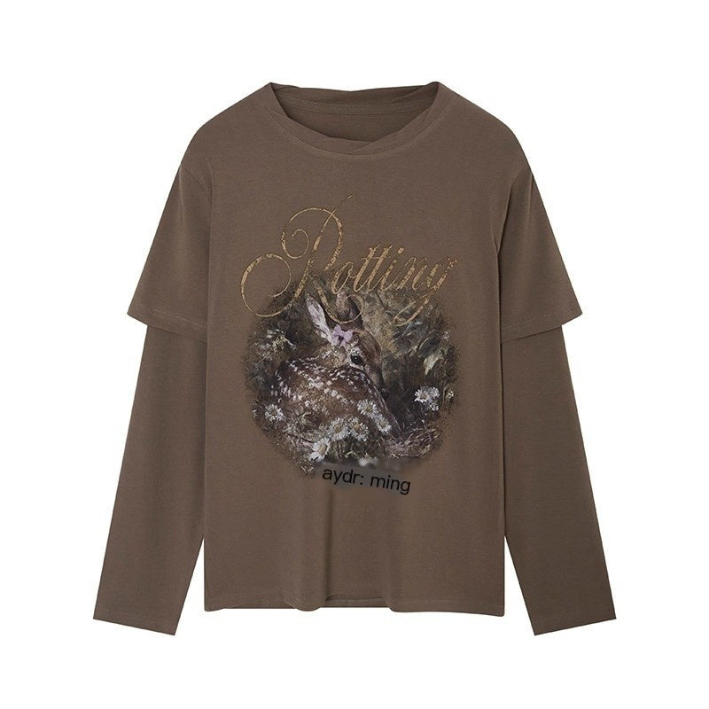 DIDDI_MODA_Forest_Deer_Print_Layered_Shoulder_Drop_Loose_Women&
