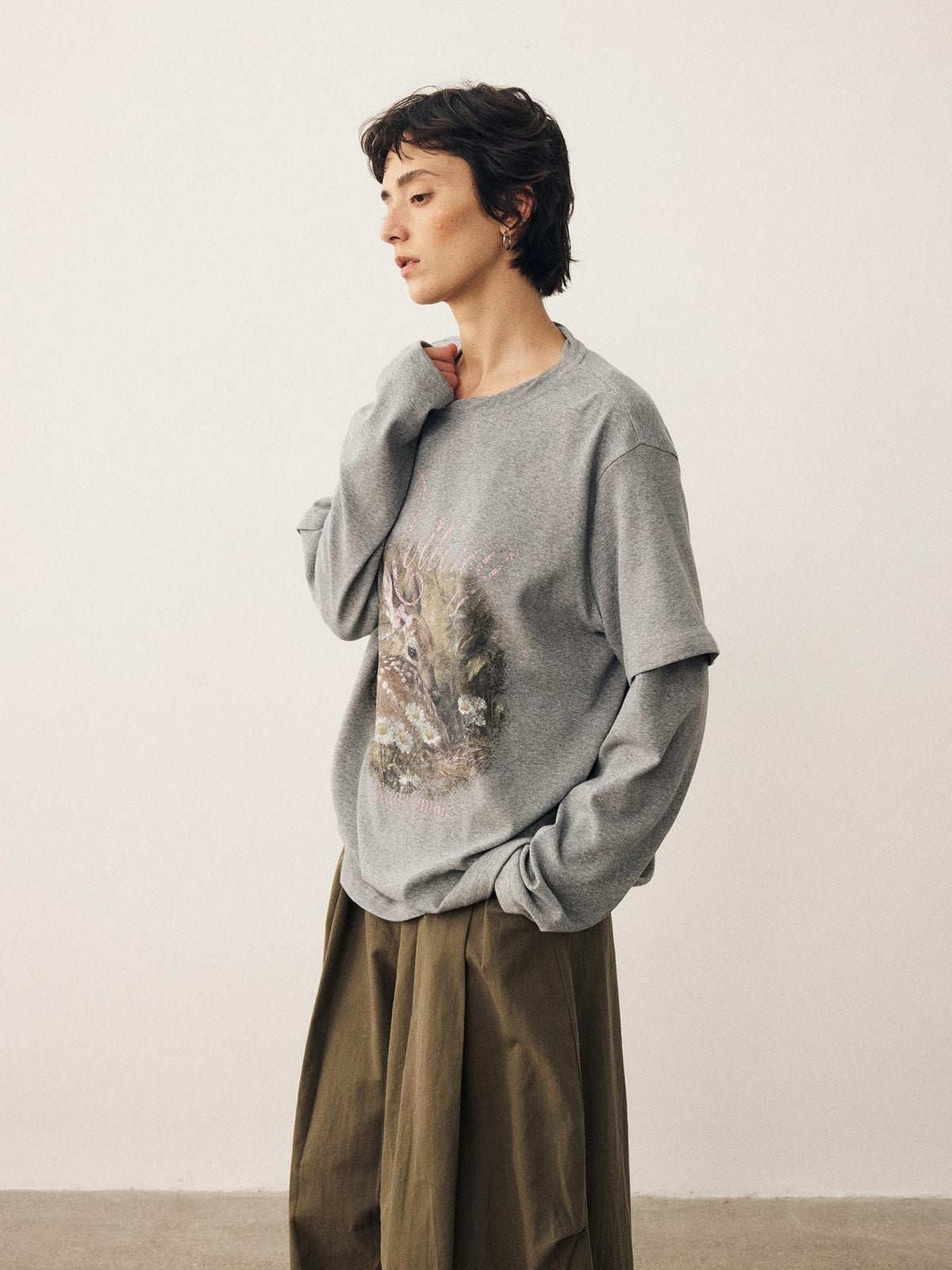 DIDDI MODA Forest Deer Print Layered Shoulder Drop Loose Women&