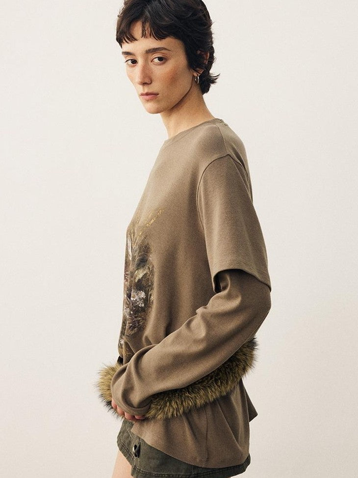 DIDDI MODA Forest Deer Print Layered Shoulder Drop Loose Women&
