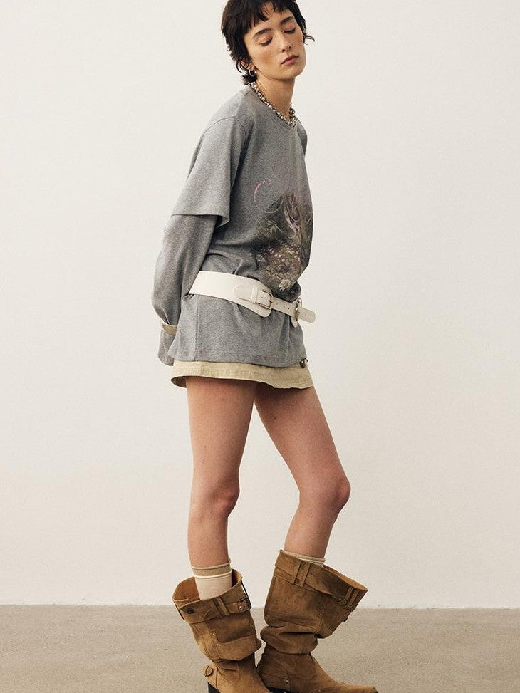 DIDDI MODA Forest Deer Print Layered Shoulder Drop Loose Women&