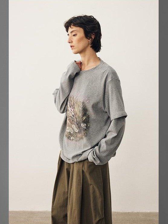 DIDDI MODA Forest Deer Print Layered Shoulder Drop Loose Women&