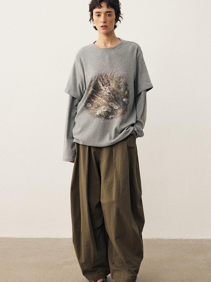 DIDDI MODA Forest Deer Print Layered Shoulder Drop Loose Women&