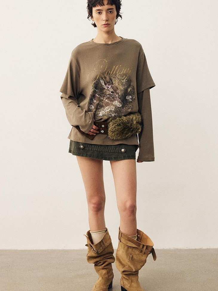 DIDDI MODA Forest Deer Print Layered Shoulder Drop Loose Women&