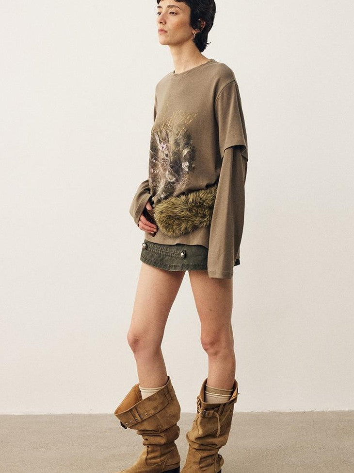DIDDI MODA Forest Deer Print Layered Shoulder Drop Loose Women&