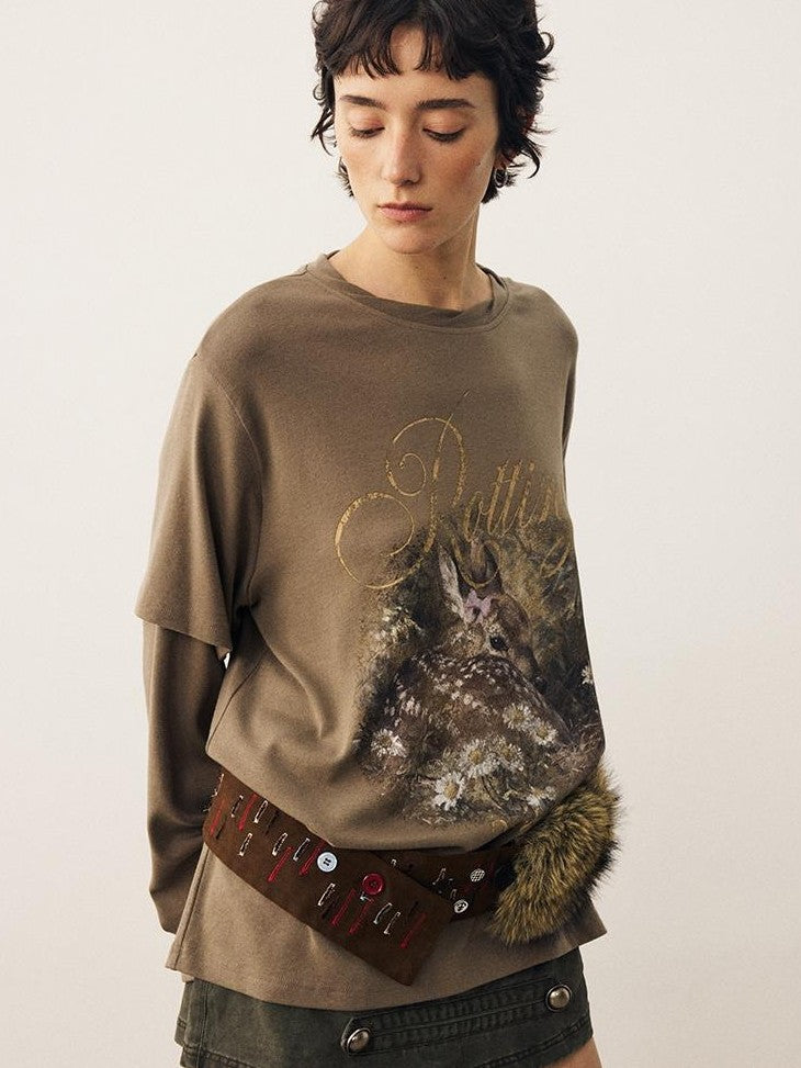 DIDDI MODA Forest Deer Print Layered Shoulder Drop Loose Women&