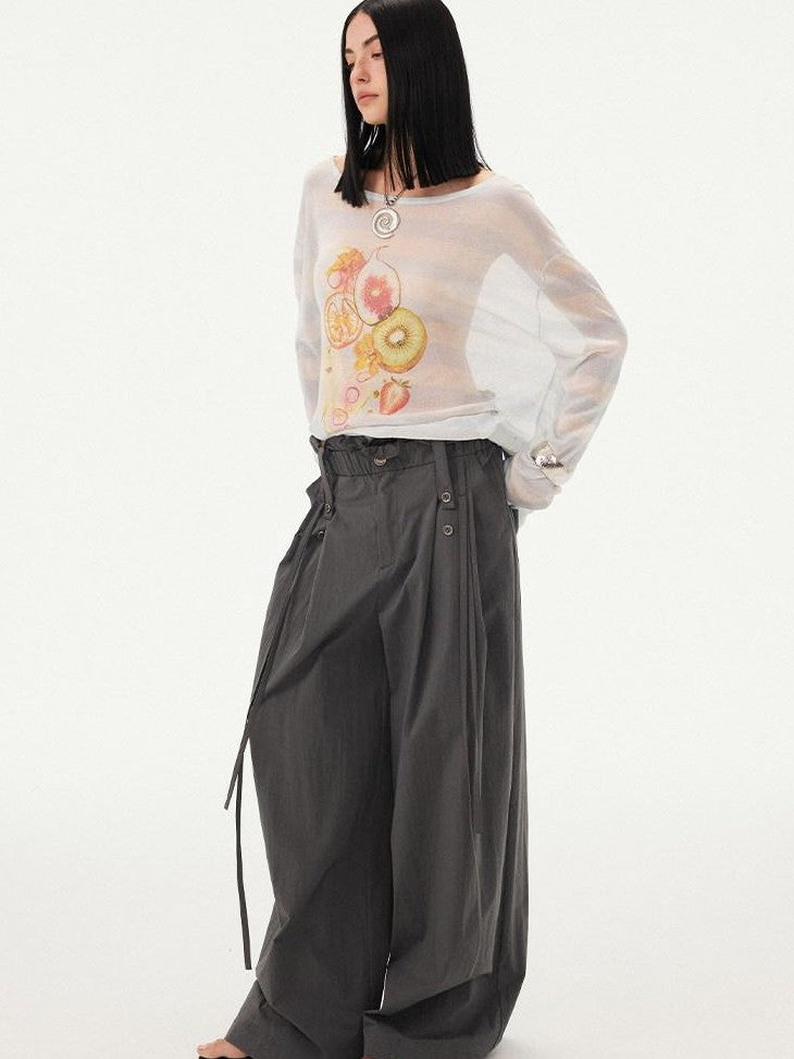 DIDDI MODA Frilled Lace Pleated High Waist Button Women&