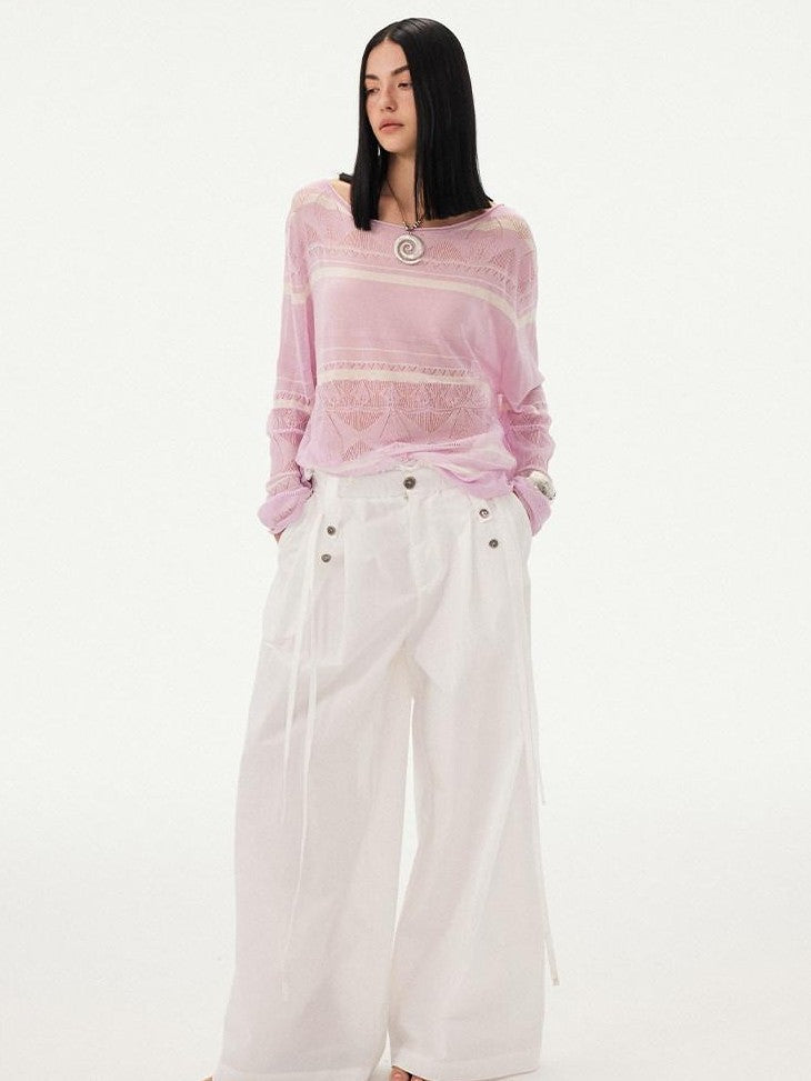 DIDDI MODA Frilled Lace Pleated High Waist Button Women&