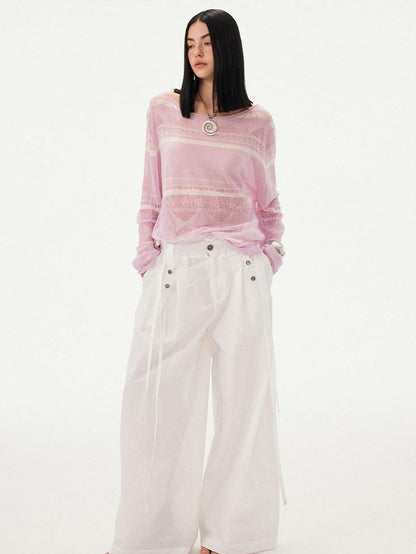 DIDDI MODA Frilled Lace Pleated High Waist Button Women&