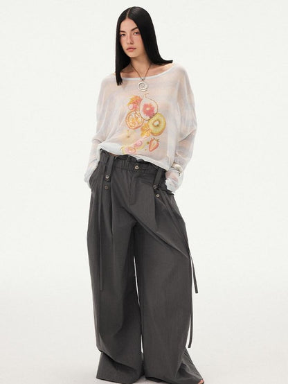 DIDDI MODA Frilled Lace Pleated High Waist Button Women&