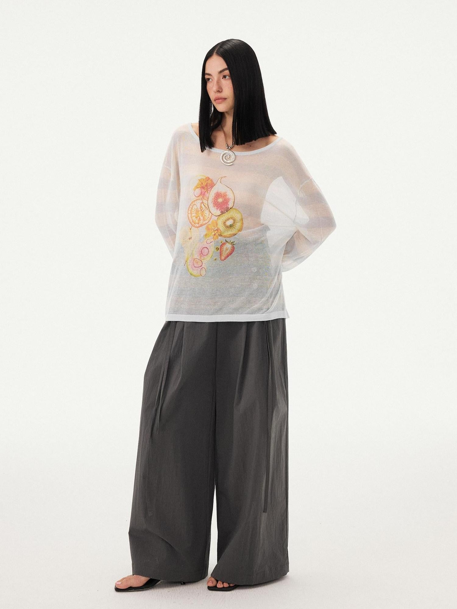 DIDDI MODA Fruit Print Striped Drop Shoulder Loose Round Neck Women&